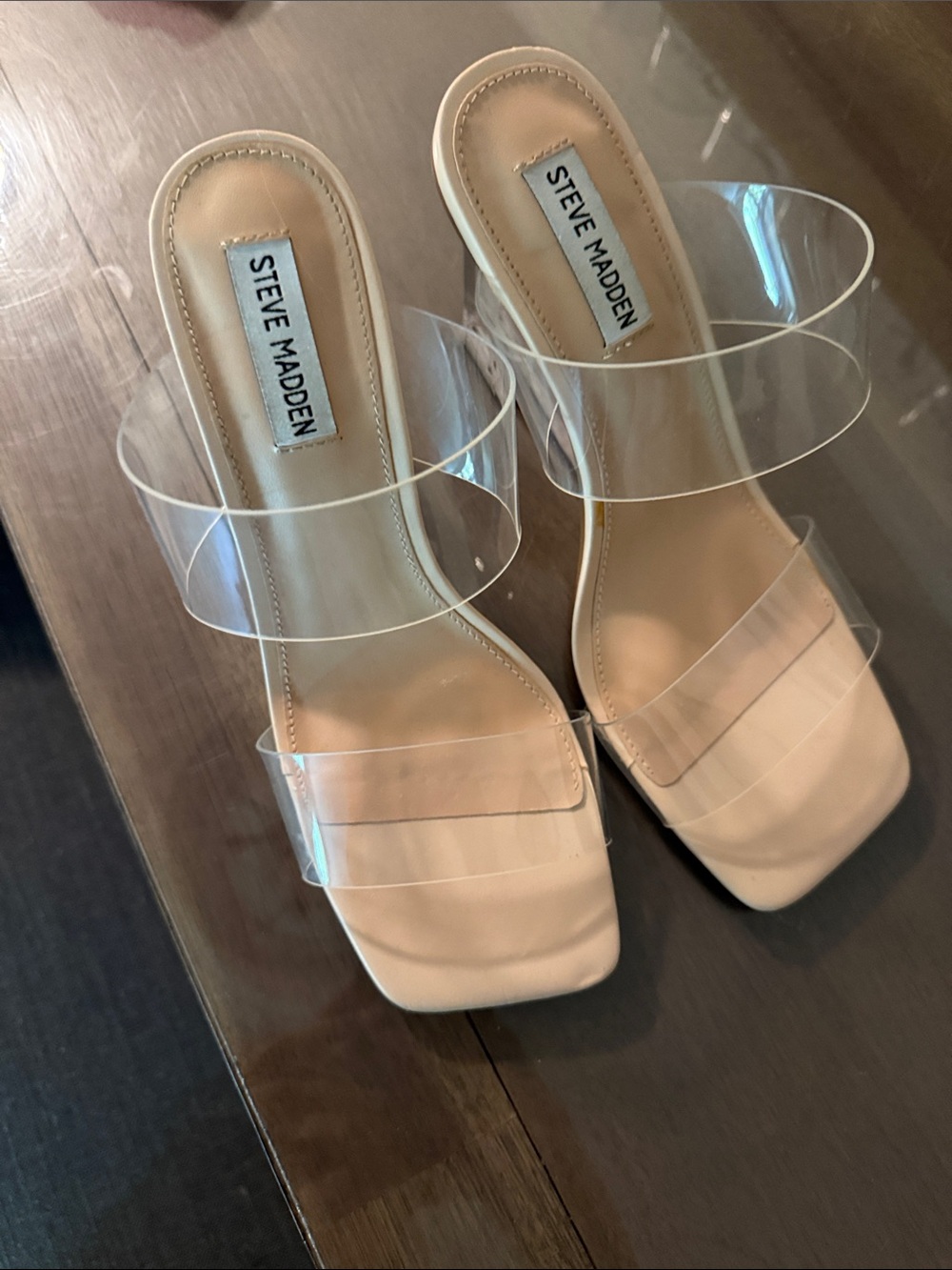 Steve Madden Nude Clear-Strap Square Toe Mules - Issa Clear